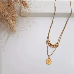 بدلیجات زیورالات گردنبند دو لاین استیل طلایی با اویز الیزابت کد ۱۲۳۴