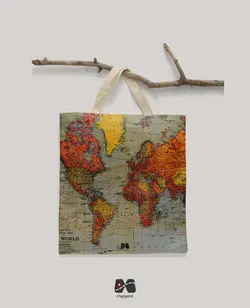 خرید و قیمت ساک خرید پارچه ای طرح نقشه جهان وینتیج