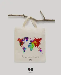 خرید و قیمت ساک خرید پارچه ای طرح نقشه جهان آبرنگی