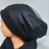 توربان ساتن مشکی ترکیب با تور و مهره کریستال