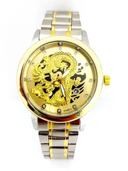 ساعت دراگون پسرانه و دخترانه رنگ نقره ای طلایی و صفحه طلایی مشکی و سفید صدفی رنگ