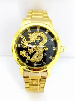 ساعت دراگون پسرانه و دخترانه رنگ طلایی و صفحه مشکی و طلایی