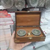 جعبه چوبی دو خاتم نیم مثقال و هاون برنجی