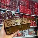 جعبه چوبی دو خاتم نیم مثقال و هاون برنجی