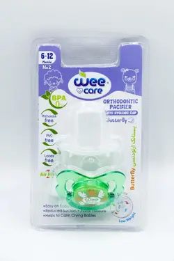 (Wee Care-P128)-پستانک ارتودنسی شفاف چاپدار دربدار وی کر مدل پروانه سایز 2