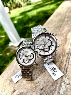 ست ساعت زنونه مردونه الگانس کدساعت cx_951G سفارشی با کیفیت عالی سه موتور فعال دارای روز شمار قفل پروانه ای (مخفی) بند استیل موتورکوارتز کرنو قاب سیلورطلایی کرنوگراف