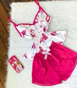 تاپ و شورتک ساتن LX طرح فلامینگو - تولیدی دوخت لند