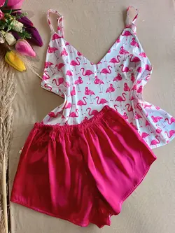 تاپ و شورتک ساتن LX طرح فلامینگو ریز - تولیدی دوخت لند