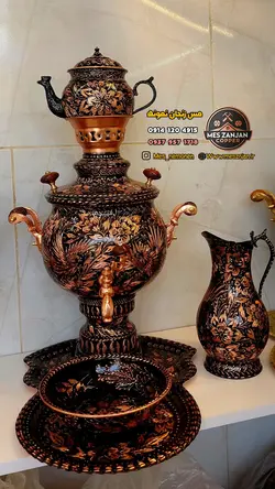 سماور مسی سیاه قلم ب سرویس پارچ قوری سینی کاسه حجم 4 لیتری