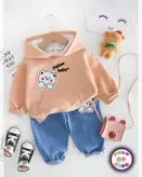 ست وارداتی هودی شلوار جین طرح hello baby