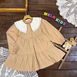 پیراهن پله ای چین دار کتان کرم طرح سه دکمه کد 518