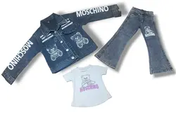 سه تکه مجلسی جین زغال سنگی سنگشور دخترانه طرح خرس مناسب ۱/۵ تا ۷/۵ سال