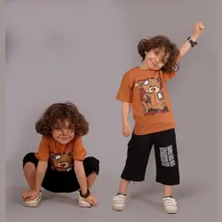 ست تیشرت شلوارک  خواهر برادر پنبه عروسکی تدی مناسب ۲ تا ۹ سال