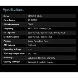 Geil 32GB 4800MHz DDR5 Single Channel Laptop Memory