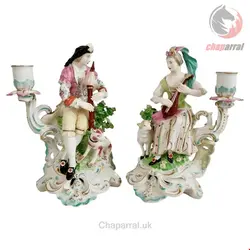 یک جفت شمعدان دکوری چینی آنتیک قدیمی Paar Kerzenständer Figuren Taschentuch und Dame mit Lute Rokoko um 1765