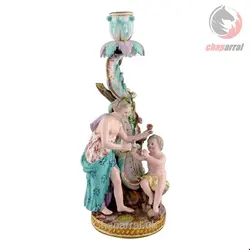 مجسمه شمعدان نقاشی با دست دکوری چینی آنتیک قدیمی مایسن آلمان Antiker Meissener Kerzenständer aus handbemaltem Porzellan spätes 19 Jahrhundert