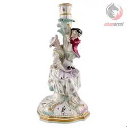 مجسمه شمعدان نقاشی با دست دکوری چینی آنتیک قدیمی مایسن آلمان Antiker Meissener Kerzenständer aus handbemaltem Porzellan spätes 19 Jahrhundert