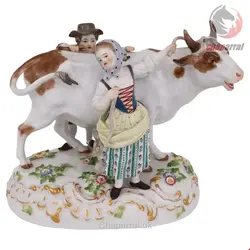 مجسمه نقاشی با دست دکوری چینی آنتیک قدیمی مایسن آلمان Meissener Porzellanfigur eines Stiers mit Junge und Mädchen