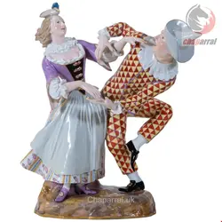 مجسمه نقاشی با دست دکوری چینی آنتیک قدیمی مایسن آلمان Antike Meissener Gruppe der Commedia Dell Kunst Harlekin und kolumbianisches Tanzen