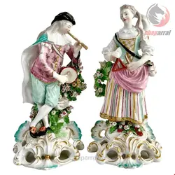 مجسمه نقاشی با دست دکوری چینی آنتیک قدیمی Derby Porzellanfiguren Idyllic Musicians Rokoko um 1765 Paar