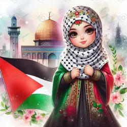 بک گراند کودکانه دختر محجبه ایرانی با چفیه و پس زمینه مسجدالاقصی و پرچم فلسطین-کد 41190(ویژه عکس گراف)