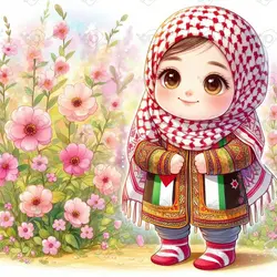 بک گراند کودکانه دختر ناز و ریزه میزه ایرانی با چفیه در باغ گل-کد 41189(ویژه عکس گراف)
