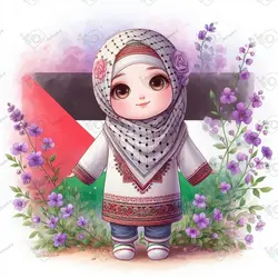 بک گراند کودکانه دختر ناز ریزه میزه ایرانی حامی فلسطین با چفیه و پس زمینه پرچم فلسطین-کد 41184(ویژه عکس گراف)