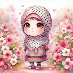 بک گراند کودکانه دختر ناز با حجاب با چفیه فلسطینی روی سر میان گلهای زیبا-کد 41178(ویژه عکس گراف)