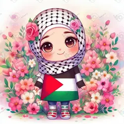 بک گراند کودکانه دختر کوچولوی با نمک با لباس طرح پرچم فلسطین و چفیه روی سر میان گلهای صورتی-کد 41176(ویژه عکس گراف)