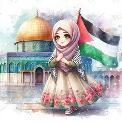 بک گراند کودکانه دختر ناز با حجاب با چفیه و پرچم فلسطین در مسجدالاقصی-کد 41175(ویژه عکس گراف)