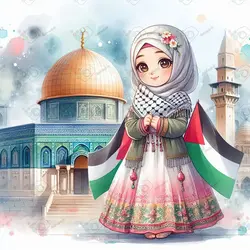 بک گراند کودکانه دختر ناز با حجاب ایستاده جلوی مسجدالاقصی با چفیه و پرچم فلسطین-کد 41170(ویژه عکس گراف)