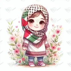 بک گراند کودکانه دختر ناز کوچولو با چفیه و پرچم فلسطین میان گلها-کد 41169(ویژه عکس گراف)