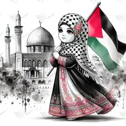 بک گراند کودکانه دختر زیبا با چفیه و پرچم فلسطین و پس زمینه مسجد الاقصی-کد 41164(ویژه عکس گراف)