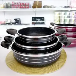 ماهیتابه تفلون دودسته مدل رینگی مشکی سه عددی در سه سایز مختلف بدون درب