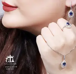 نیم ست نقره دخترانه و ظریف سنگ یاقوت کبود کد 16010