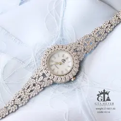 ساعت طرح جواهر نقره با روکش طلا سفید زنانه کد 19119