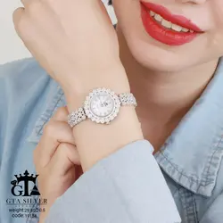 ساعت نقره زنانه اصل طرح طلا سفید مدل فلاور پهن کد 19154