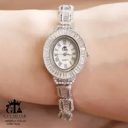 ساعت نقره ای نگین دار زنانه و مجلسی آبکاری طلا کد 19256