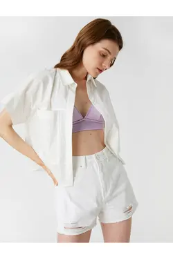 Crop Oversize پیراهن پوپلین آستین کوتاه نخی - یاری شاپ