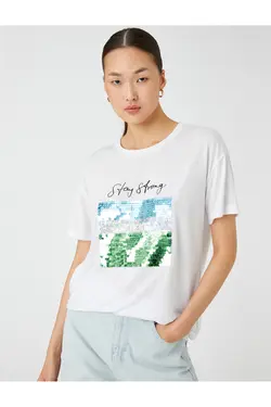 آستین کوتاه تی شرت یقه خدمه چاپی متن پولک دار - یاری شاپ