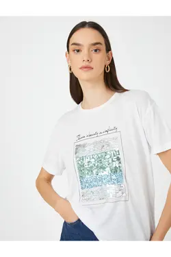 آستین کوتاه تی شرت یقه خدمه چاپی متن پولک دار - یاری شاپ