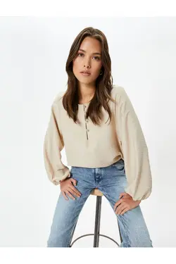 بلوز آستین بادکنکی با یقه دکمه ای ترکیبی ویسکوز - یاری شاپ