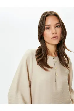 بلوز آستین بادکنکی با یقه دکمه ای ترکیبی ویسکوز - یاری شاپ