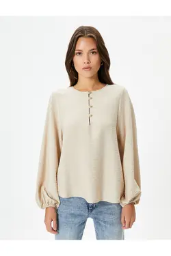 بلوز آستین بادکنکی با یقه دکمه ای ترکیبی ویسکوز - یاری شاپ