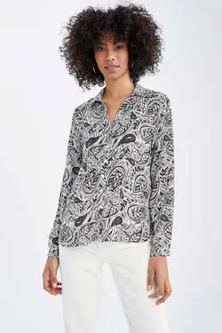 بلوز آستین بلند پارچه ای با طرح یقه V شکل معمولی - یاری شاپ