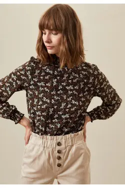 بلوز آستین بلند زنانه طرحدار قهوه ای S2381AZ20AU - یاری شاپ