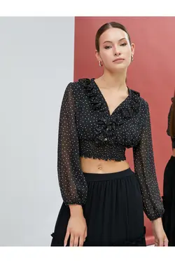 بلوز ابریشمی کراپ یقه V-Polka Dot دور کمر بسته شده - یاری شاپ