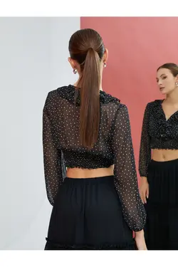 بلوز ابریشمی کراپ یقه V-Polka Dot دور کمر بسته شده - یاری شاپ