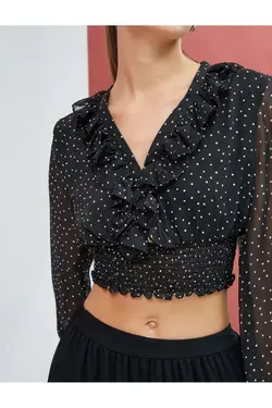 بلوز ابریشمی کراپ یقه V-Polka Dot دور کمر بسته شده - یاری شاپ