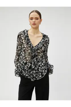 بلوز ابریشمی گلدار Flounce V یقه - یاری شاپ